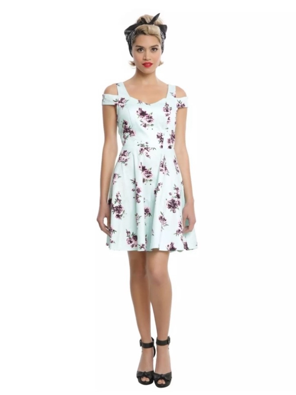Hot Topic Mint Floral Off-The-Shoulder Strap Fit & Flare Dress Small